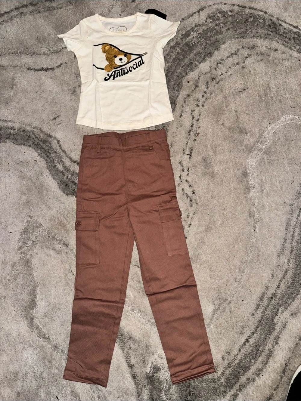 Fashion Nova Kids Cream Graphic Tee and Brown Cargo Pants Set